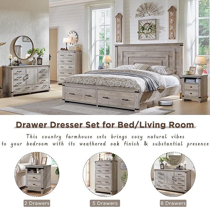 T4TREAM Farmhouse 6 Drawers Dresser for Bedroom, 54" Wide Wood Chest of Drawers w/Natural Texture & Metal Handle, Rustic Storage Dressers Organizer for Living Room, Hallway, Light Rustic Oak