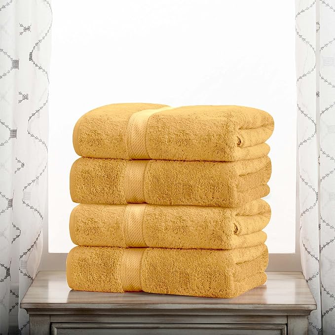 Superior Egyptian Cotton Pile Bath Towels, Ultra Soft Luxury Towel, Thick Plush Essentials, Absorbent Heavyweight, Guest Bath, Hotel, Resort, Spa, Pool, Home Bathroom, Shower Basics, Set of 4, Gold