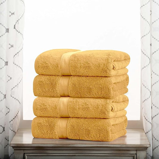 Superior Egyptian Cotton Pile Bath Towels, Ultra Soft Luxury Towel, Thick Plush Essentials, Absorbent Heavyweight, Guest Bath, Hotel, Resort, Spa, Pool, Home Bathroom, Shower Basics, Set of 4, Gold