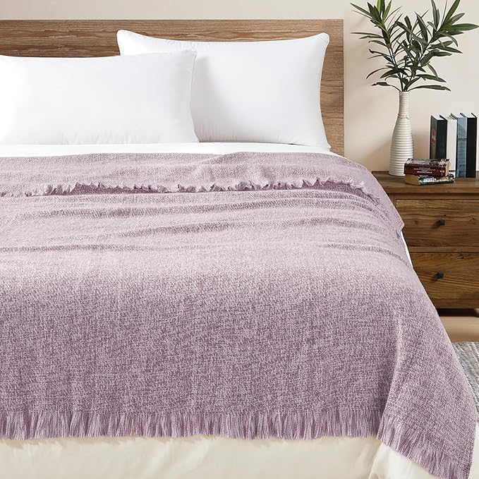 BOURINA Faux Cashmere Fringe Throw Blanket Decorative Lightweight Throw Soft Cozy for Bed or Sofa Outdoor Blanket, 50x70 Inches Purple