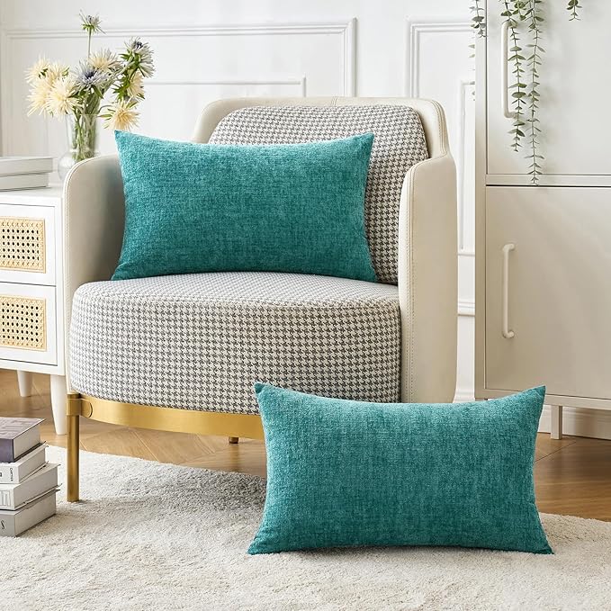MIULEE Pack of 2 Couch Throw Pillow Covers 12x20 Inch Soft Teal Chenille Pillow Covers for Sofa Living Room Solid Dyed Pillow Cases