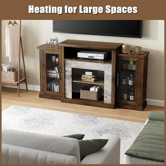 59 inch TV Stand, 32 inch Tall Entertainment Center with Printed Stone Texture, Farmhouse Console Table with Display Storage Cabinets for Living Room, Bedroom, Study, Rustic Brown