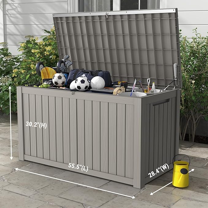 Mars Villa 180 Gallon Outdoor Storage Box, Large Resin Deck Box Waterproof, Storage Bin for Outside Patio Furniture Cushions, Pool Supplies, with Hydraulic Hinge, UV Resistant and Weatherproof, Greige