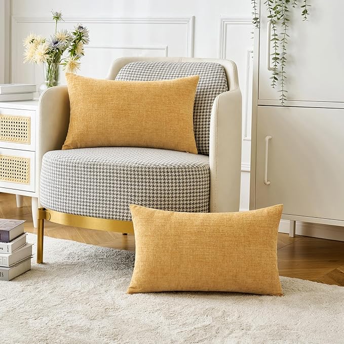 MIULEE Pack of 2 Couch Throw Pillow Covers 12x20 Inch Soft Gold Chenille Pillow Covers for Sofa Living Room Solid Dyed Pillow Cases
