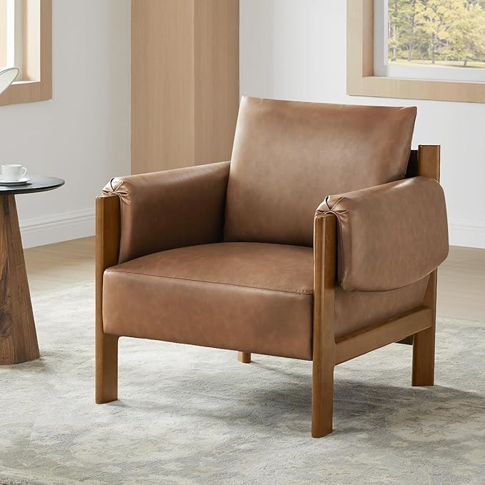 CHITA Accent Chair Set of 2, Mid Century Modern Upholstery Armchair for Living Room, Solid Wood Frame, Faux Leather in Saddle Brown