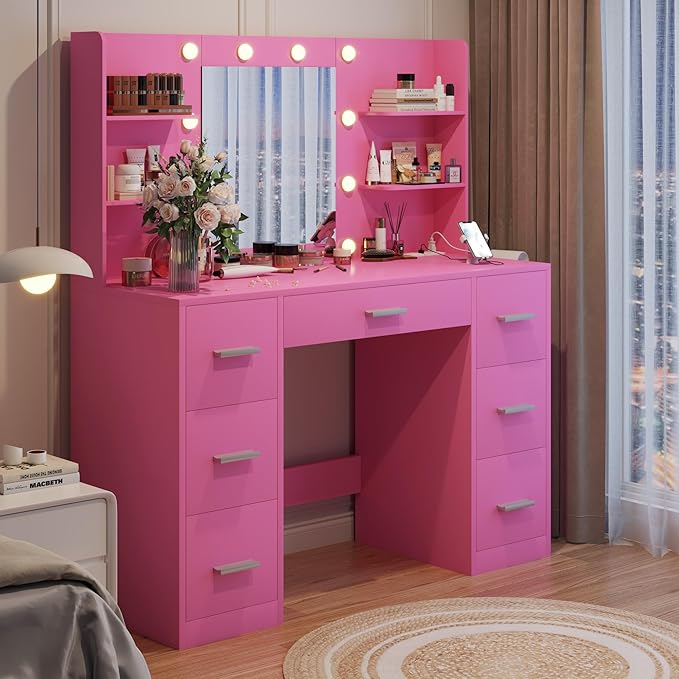YESHOMY Vanity Desk with Mirror, Power Outlet and 10 Lights, Makeup Table with 7 Drawers, 3 Color Modes Available for Bedroom, Rose Pink