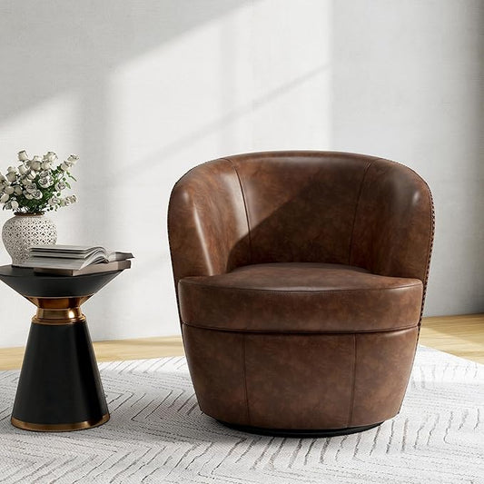 Swivel Barrel Chair, Modern Round PU Leather Accent Armchair for Living Room, Bedroom, Comfy Club Reading Chairs for Adults (Leather Coffee, Set of 1)