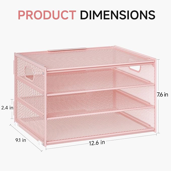 Lavatino 3-Tier Letter Tray Desk Organizer, Mesh Metal Paper File Tray Organizer for Desk, Office Supplies & Home Organization, Fits A4 Paper, Mail, Magazines & Office Accessories (Pink with Handle)