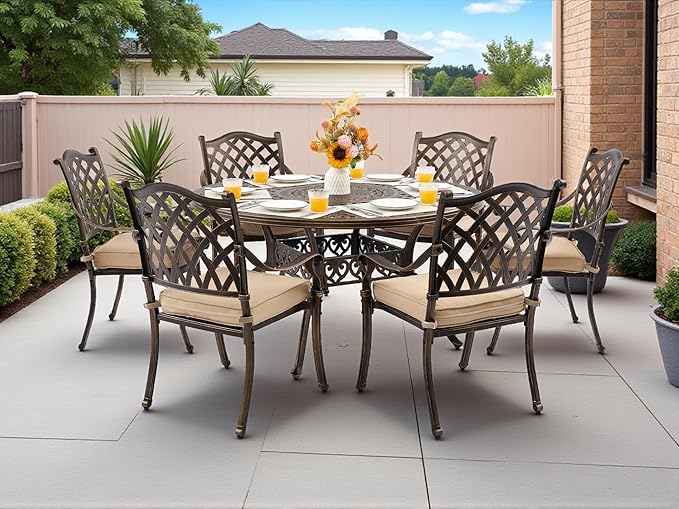 7 Piece Outdoor Dining Set Cast Aluminum, Retro Patio Dining Furniture Set for 6 Includes 54’’ Round Table 6 Chairs with Thicker Cushion and Umbrella Hole for Patio Deck Garden