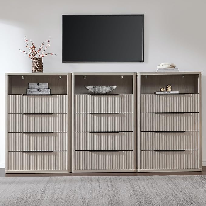 SICOTAS Dresser for Bedroom - Tall Dressers & Chests of Drawers with 4 Drawers Large Modern Dresser for Closet Fluted Wide TV Stand Clothes Closet Storage for Bedroom Hallway Entryway, White Alder