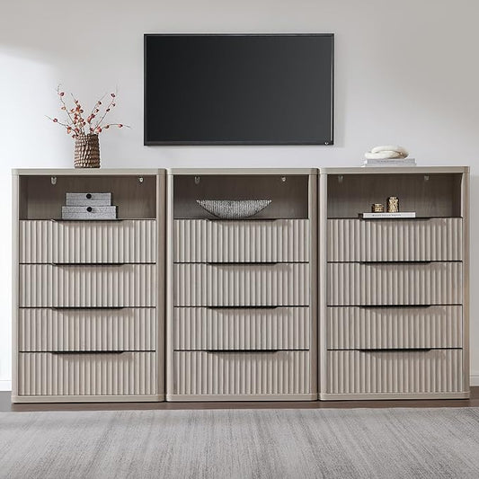 SICOTAS Dresser for Bedroom - Tall Dressers & Chests of Drawers with 4 Drawers Large Modern Dresser for Closet Fluted Wide TV Stand Clothes Closet Storage for Bedroom Hallway Entryway, White Alder