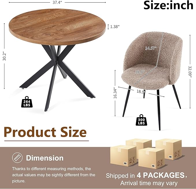 5 PCS Kitchen Dining Table Set, 37" Round Breakfast Dining Table MDF Tabletop, Space Saving Coffee Table Set for 4, Cozy Fluffy Sherpa Armchair Upholstered Dining Chairs with Metal Legs