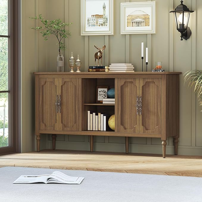 Vintage Buffet Sideboard Cabinet with 4 Doors, 59" Mid Century Modern Storage Cabinet with Shelf, Decorative Accent Credenza TV Stand (Brown)