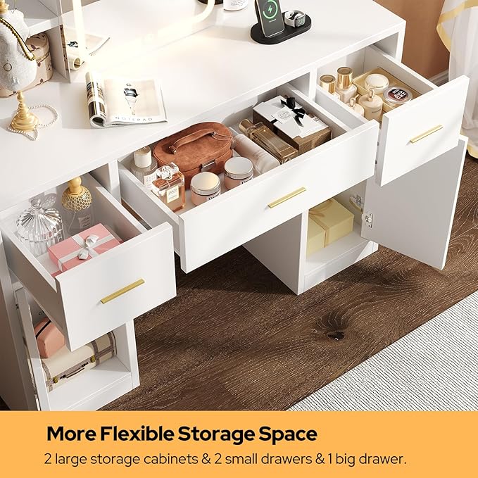 Vanity Desk with Sliding Mirror & LED Lights, Smart Makeup Table with Charging Station, Hairdryer Holder, 7 Shelves, 3 Drawers, 2 Cabinets, Vanity with Extra Hidden Stroage for Bedroom,White