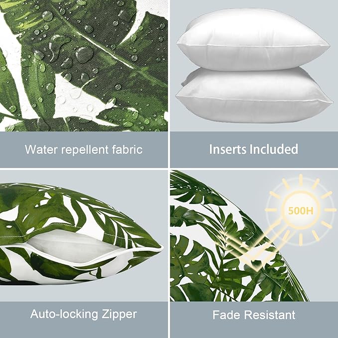 LVTXIII Outdoor Throw Pillows 18x18 Patio Waterproof Square Pillows with Piping Fade Resistant Accent Pillow for Spring Summer Garden Decoration, Set of 2, Palms Green