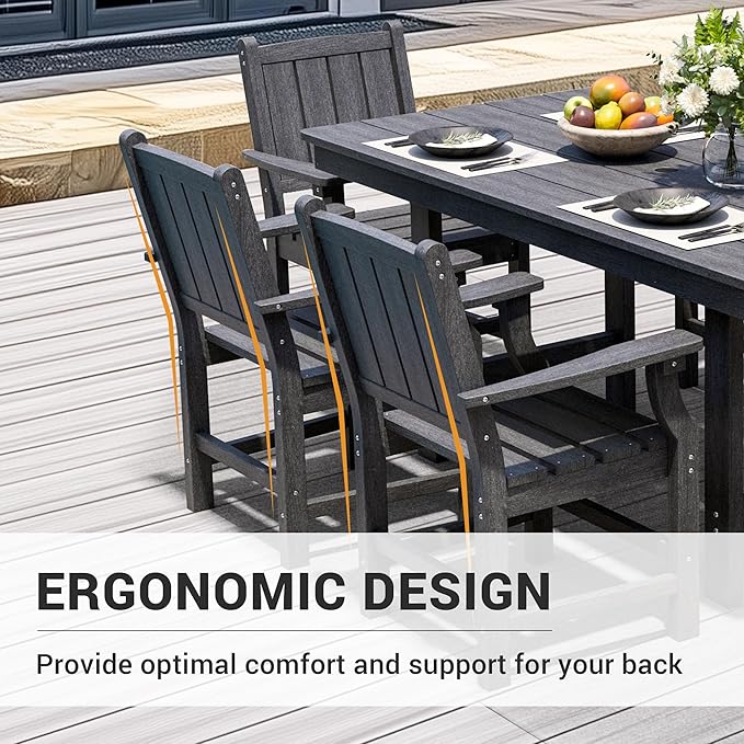 7-Piece HDPE Outdoor Dining Set, Wood-Like Design Outdoor Table and Chairs with Elegant Armrest, All-Weather Patio Table and Chairs Set with Umbrella Hole for Porch, Poolside, Gray