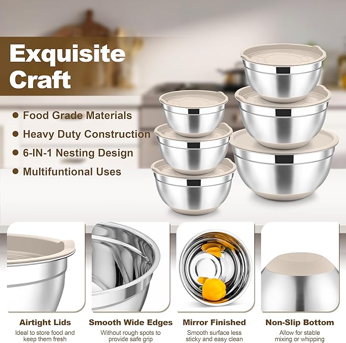 TeamFar Mixing Bowls, Stainless Steel Nesting Salad Bowl with Lids & 3 Graters, For Kitchen Cooking Serving Prepping, Airtight & Non-Slip, Size 4.6/3.5/2/1.5/1/0.7 QT, Set of 5 & Khaki