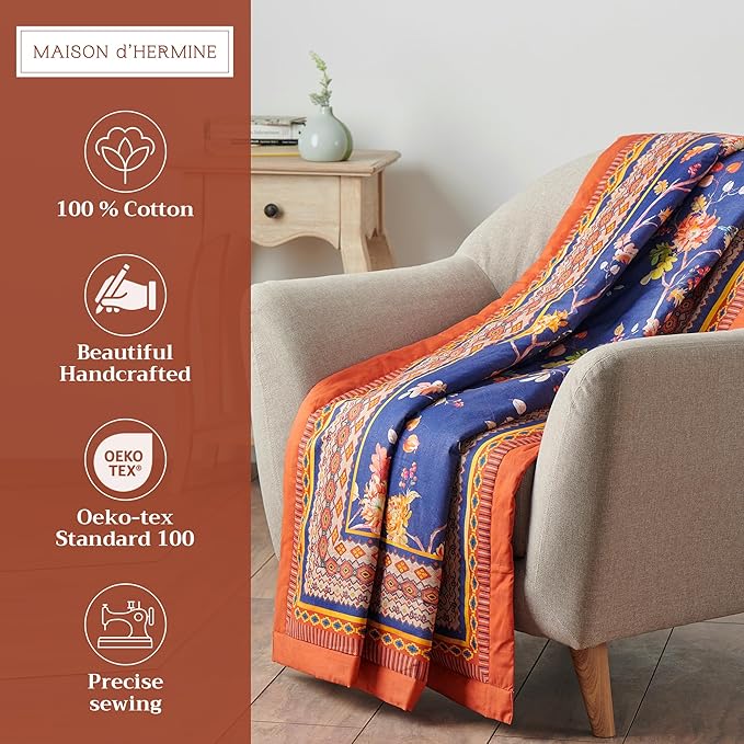 Maison d' Hermine Throw Blanket for Couch Lightweight Soft Warm Breathable Cotton Throw Blankets for Bed Girls Boys Women Men Gifts Sofa Travel Living Room Chair Bedding (50"x60", Kelim)