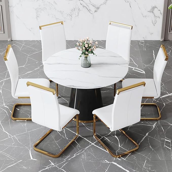 45 Inch Round Dining Table Set for 6, 7 Piece Kitchen Table and Chairs Set, White Faux Marble Table Top, Small Space Dining Set for Apartment or Dining Room