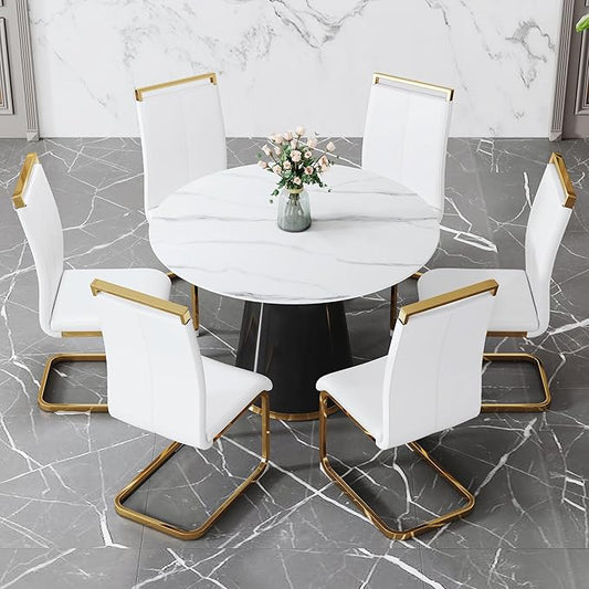 45 Inch Round Dining Table Set for 6, 7 Piece Kitchen Table and Chairs Set, White Faux Marble Table Top, Small Space Dining Set for Apartment or Dining Room