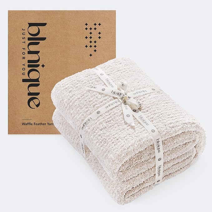 Super Soft Throw Blanket 50 x 60 Inches, Half-Side Plush Fuzzy Blanket for Couch, Sofa, Bed & Chair, Warm Cozy Lightweight Knit Blanket for Fall & Winter Beige