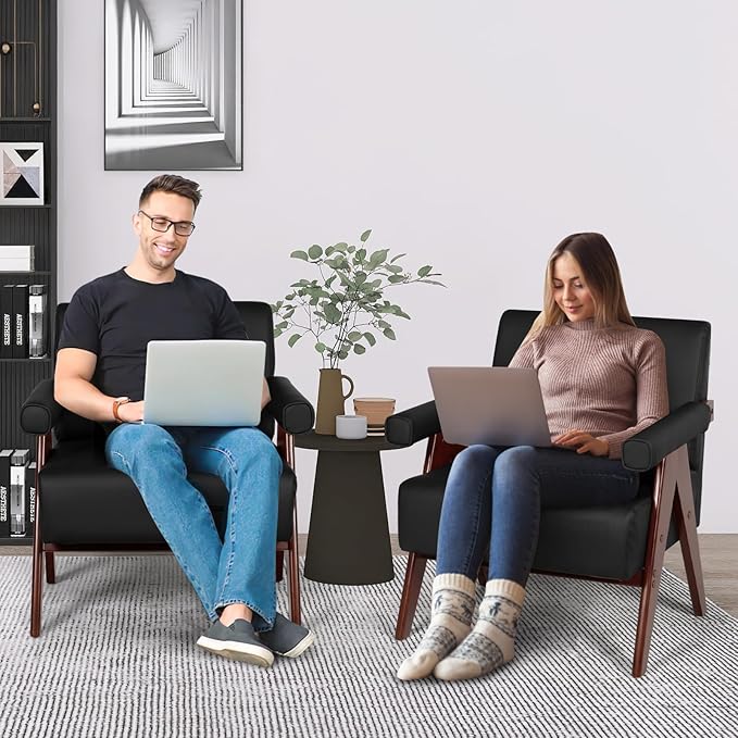 AODAILIHB Mid Century Modern Chairs Set of 2 Black Leather Accent Chair Wood Arms with Soft Bag Living Room Chairs with Thick Cushion Comfy Leisure Waiting Room Chairs Bedroom/Office (2, Black)