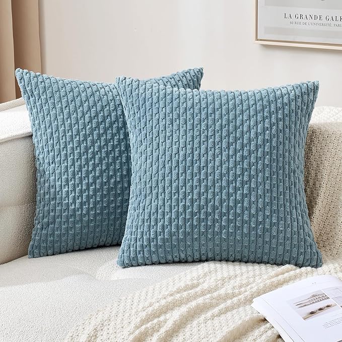 MIULEE Throw Pillow Covers Soft Corduroy Decorative Set of 2 Boho Striped Pillow Covers Pillowcases Farmhouse Home Decor for Couch Bed Sofa Living Room 20x20 Inch Blue Grey