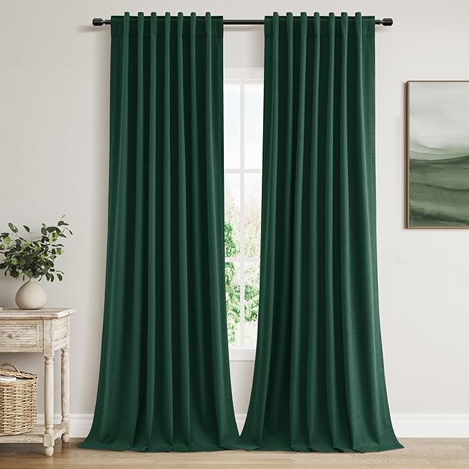 Guken Blackout Curtains 120 Inch Length 2 Panels Set for Living Room Bedroom Back Tab Thermal Insulated 100% Black Out Linen Drapes Room Darkening Window Curtains 120 Inches Long,Emerald Green