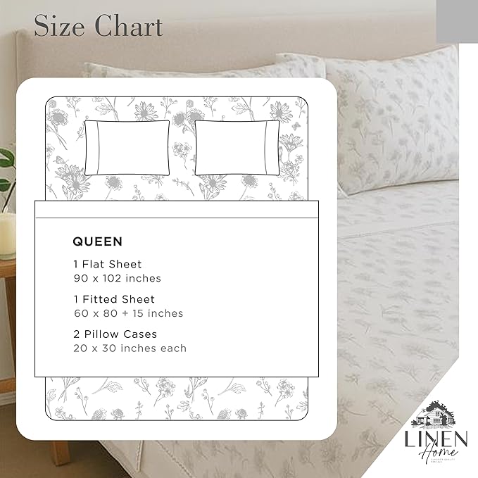 Linen Home 100% Cotton Printed Percale Sheets Queen Size, Deep Pocket, 4 Pieces Set - 1 Flat, 1 Deep Pocket Fitted Sheet and 2 Pillowcases, Crisp Cool and Strong Bed Linen, Grey Botanical Floral