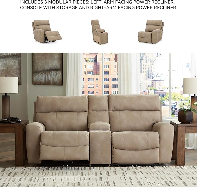 Signature Design by Ashley Next-Gen DuraPella Contemporary Faux Leather Modular Wall Hugger 3-Piece Power Reclining Sectional Loveseat with Console, Adjustable Headrest and USB Ports, Light Brown