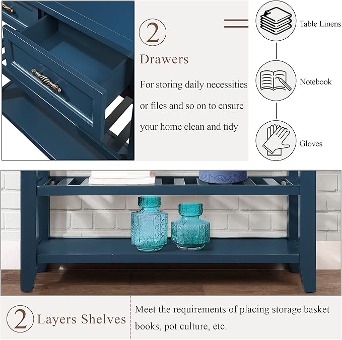 42inch Mid-Century Wood Console Table with 2 Drawers and 2 Bottom Shelf Sofa Table Solid Wood Sideboard(Navy Blue)