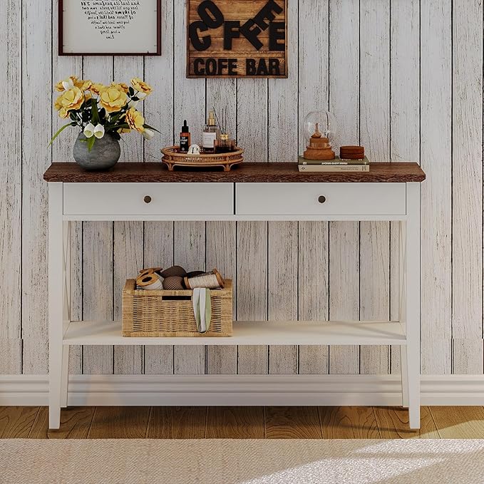 ChooChoo Farmhouse Console Table with Drawers, Narrow Wood Accent Sofa Table Entryway Table with Storage Shelf for Entryway, Front Hall, Hallway, Living Room, Antique White & Brown