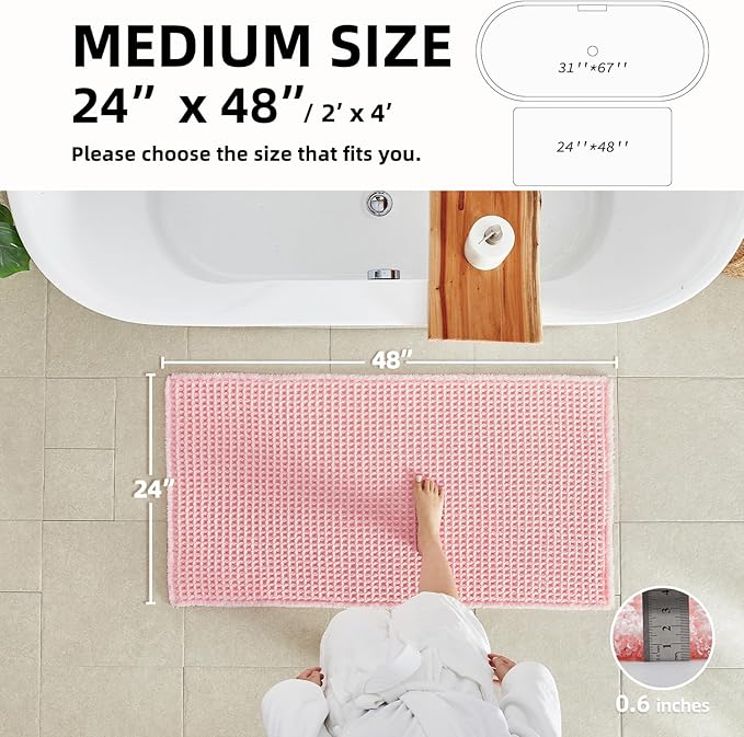 Light Peachy Pink Bathroom Rugs, Waffle Bath Mat Non Slip Washable Quick Dry Cute Bath Mat Boho Farmhouse Bathroom Decor, 48"x24" Light Peachy Pink