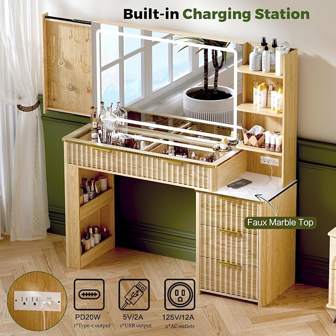 Modern Vanity Desk with Mirror and Lights, 49.2'' Fluted Makeup Vanity Desk with 5 Drawers and Shelves,Dressing Table with Glass Top and Power Outlet for Bedroom,Natural Oak