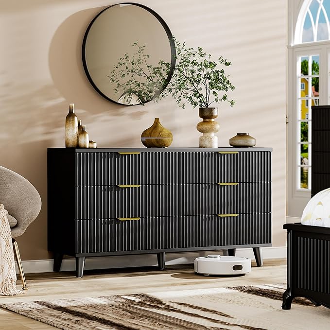 Lulive Black Dresser for Bedroom Wood Dressers Chest of Drawers, Fluted 53.2" Wide Modern Long Dresser TV Stand 6 Drawers for Bedroom, Closet, Living Room, Hallway