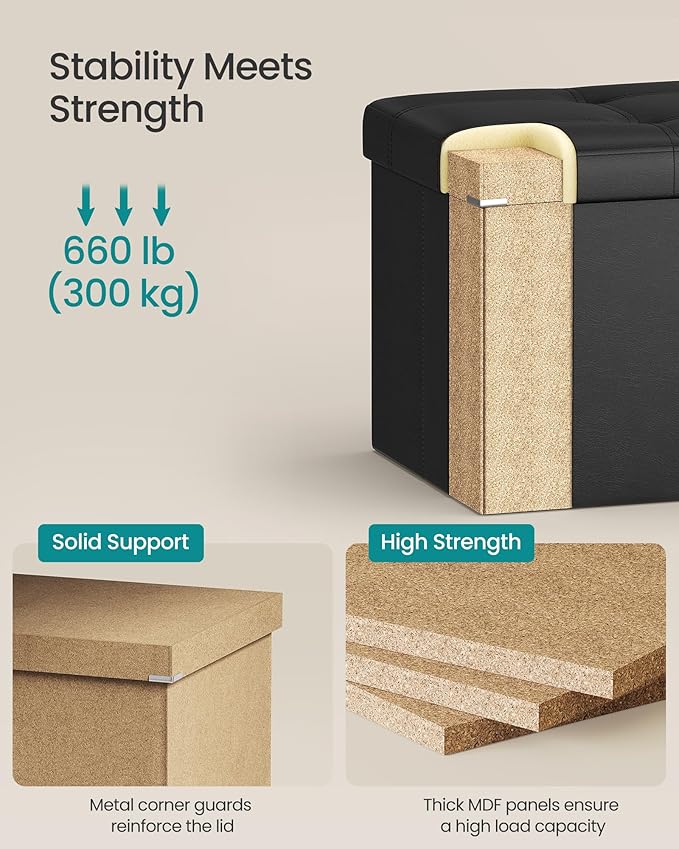 SONGMICS MAZIE Collection-30 Inches Folding Bench Ottoman with Storage, Foot Rest Stool, Load 660 lb, for Living Room, Synthetic Leather, Black ULSF105, 15" D x 30" W x 15" H