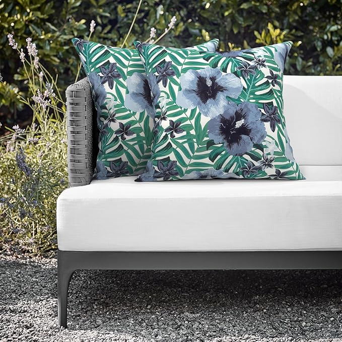 Outdoor Throw Pillows 16x16 Inch, Water Repellent Patio Pillows with Inners Set of 2, Outdoor Pillows for Patio Furniture Home Garden, Blue Salmone Tropical