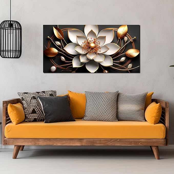 Large Artwork Canvas Wall Art for Living Room Office Room Bedroom Decor Wall Painting White and Gold Flowers Picture Modern Decorative Painting with Frame Ready to Hang Canvas Decor Size 20x40