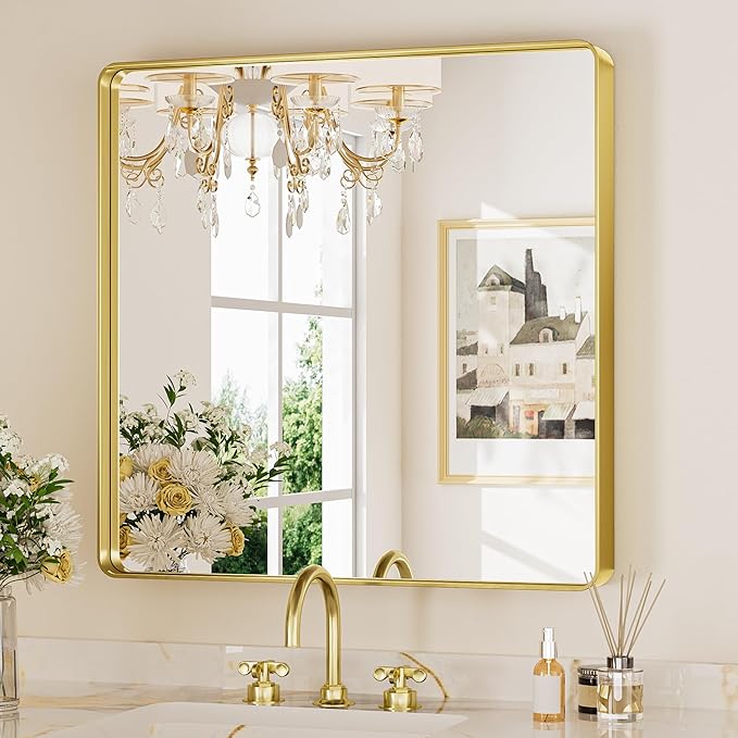 Keonjinn Gold Bathroom Mirror for Over Sink, 30" x 30" Brushed Brass Mirror, Large Rounded Rectangle Gold Vanity Mirror with Metal Frame, HD Tempered Glass Square Wall Mirror(Horizontal/Vertical)