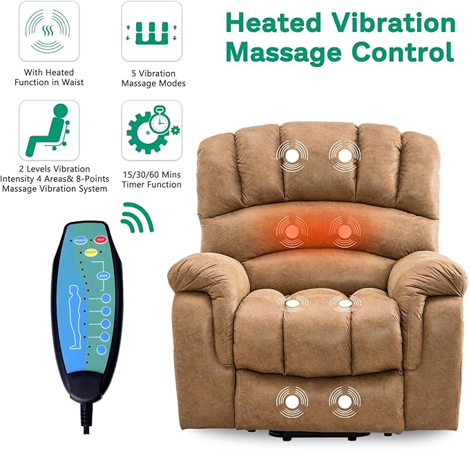 VIVIJASON Large Power Lift Chair Electric Recliner with Heat & Massage for Elderly Big People, Heavy Duty and Safety Motion Wide Recliners with 2 Remote Controls, Side Pockets & USB Ports, Sand