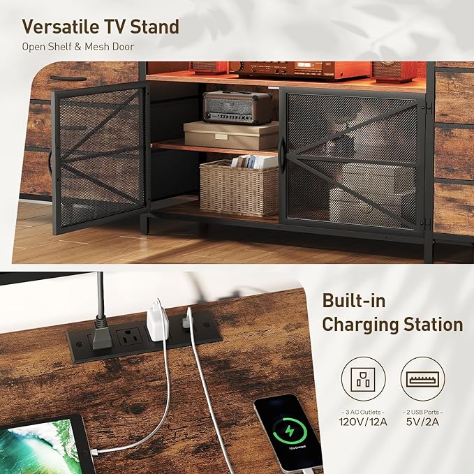 TV Stand Dresser for 65 Inch TV with Power Outlets and LED Lights, Long Dresser with 8 Fabric Drawers, Large Entertainment Center TV Console with Mesh Door for Bedroom, Rustic Brown