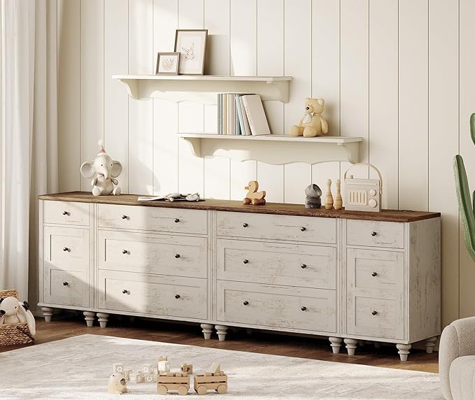 WAMPAT Farmhouse TV Stand for 100 Inch TV, 3-in-1 TV Console Table with 8 Drawers and 2 Storages, Entertainment Center, Nightstands with Charging Station for Living Room, Rustic White