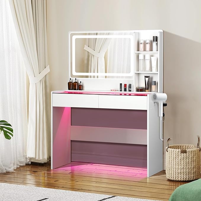 Vanity Desk，Transparent Desktop, Multiple Color Ambient Lights, with Mirror and Tri Color Light Strip, Dressing Table with Charging Station, Equipped with 2 Drawers, White