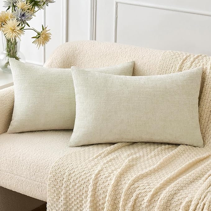 MIULEE Pack of 2 Cream Throw Pillow Covers 12x20 Inch Soft Chenille Pillow Covers for Sofa Living Room Couch Solid Dyed Cases