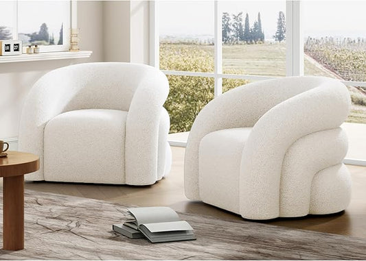 Swivel Accent Chair Set of 2,Upholstered Sherp Barrel Armchair 366° Round Modern Boucle Chair No Assembly for Living Room,Comfy Single Sofa Chairs for Bedroom(White)