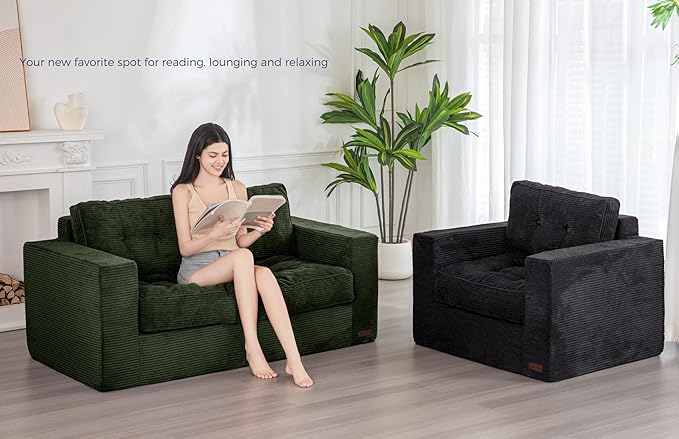 MAXYOYO Bean Bag Chair for Adults, Upholstered Floor Sofa with Armrests, Loveseat Boneless Couch with Tufted Cushion & Backrest, Sofa in A Box, Large Bean Bag Couch for Bedroom Living Room, Green