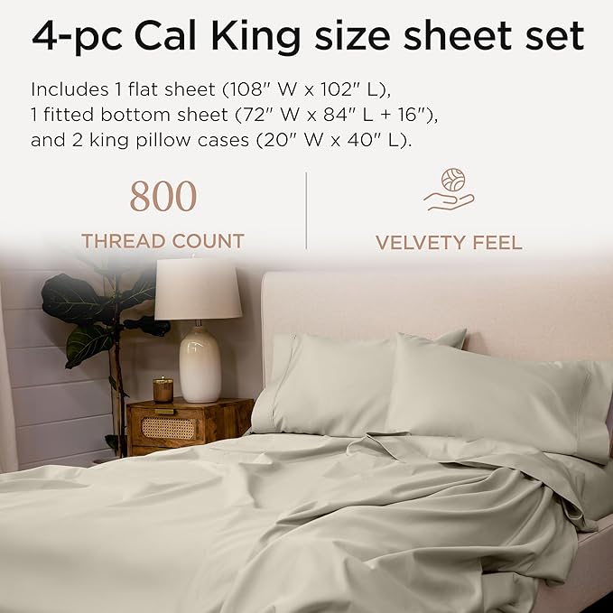Threadmill California King Sheet Sets | 800 Thread Count Cal King Bed Sheets Set with 16” Deep Pocket | Sateen Weave, Better Than Egyptian Cotton, 4-Piece Bedding Set with Cooling Effect | Taupe