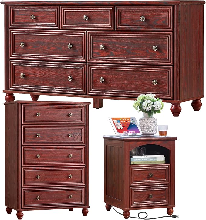 Farmhouse Dressers & Night Stand Set of 3, Wood 54" Wide Dresser & 45"Tall Chest of Drawers, 18" with Charging Station Nightstand, Bedroom Furniture 7 Drawer Dresser Set for Home Living Room Hallway