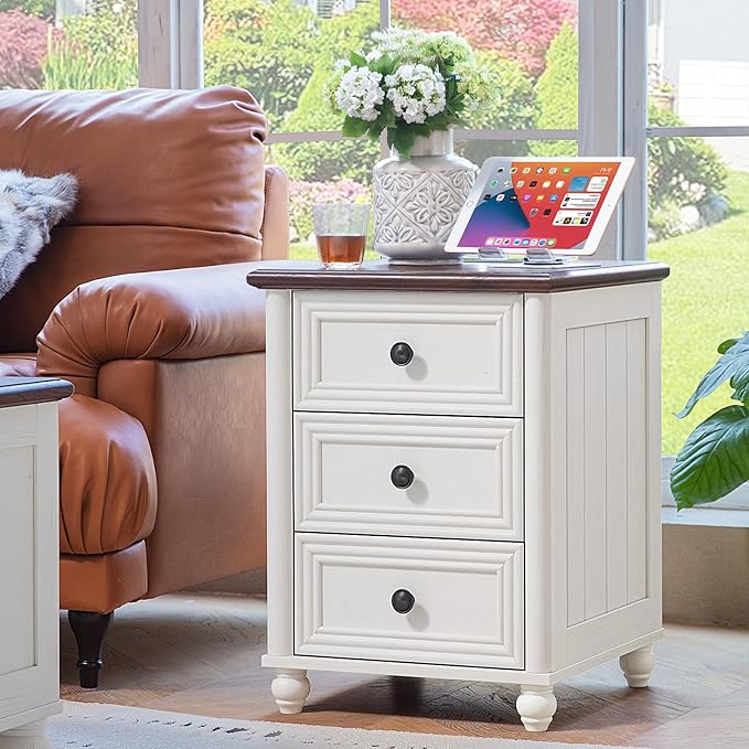 18" Farmhouse Night Stand Set 2 with Charger Station, White 2 & 3 Drawers Wood Nightstand, Bedside End Table with Storage and Roman Column, Bed Side Tables Cabinet for Bedroom, Living Room, and Closet