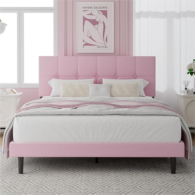 Queen Size Bed Frame, Queen Size Platform Bed Frame with Headboard, Upholstered Headboard, Sturdy Wooden Slats, Noiseless No Box Spring Required, Easy to Assemble, Pink
